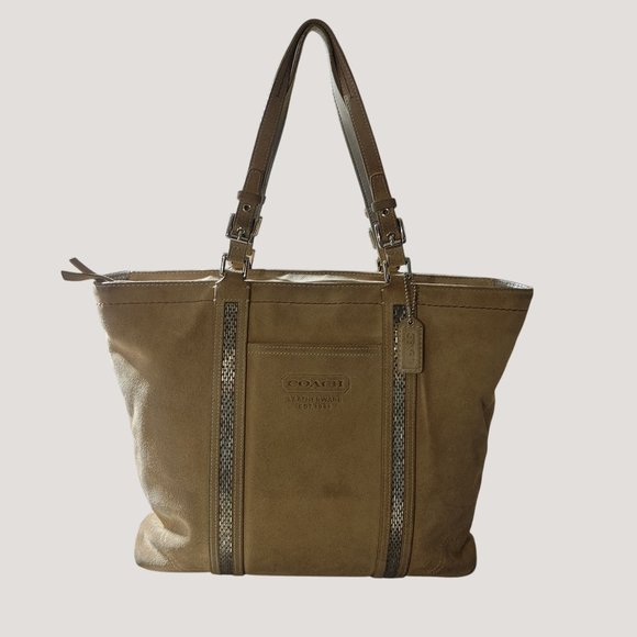 Coach Leatherware Suede Beaded Stripe Beige Tote Bag Dual Handles Zipper Closure - Picture 14 of 14